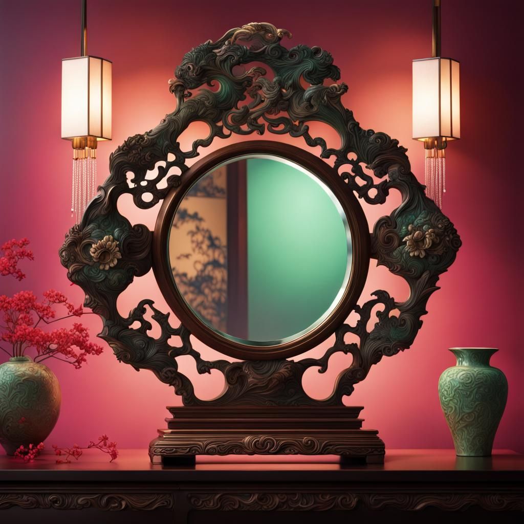 Jade Mirror Japanese Vanity: Hyperrealistic Concept Art