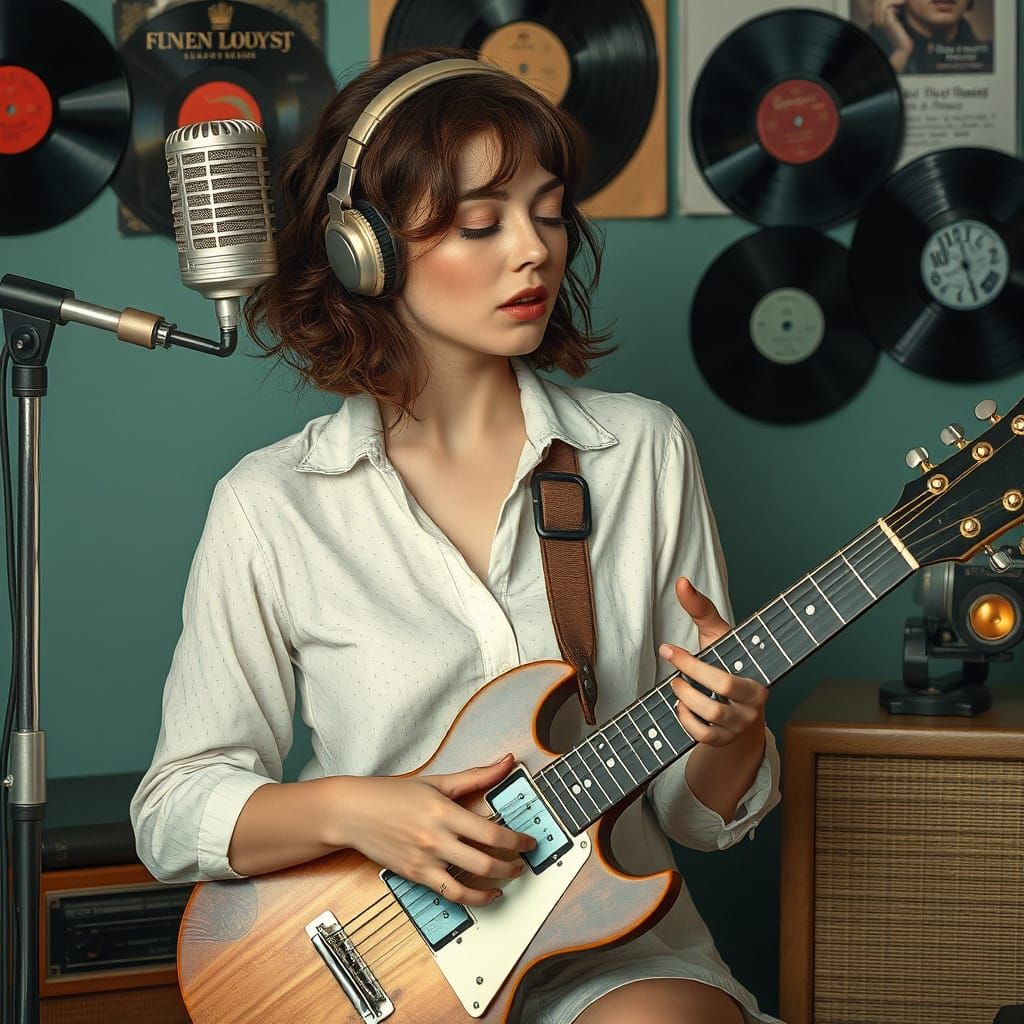 Retro-Futuristic Musician Surrounded by Vintage Gear