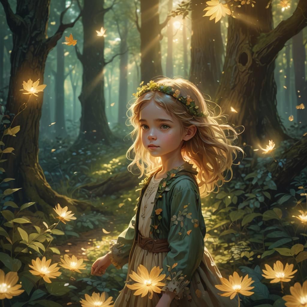Girl in Forest: Whimsical Digital Illustration