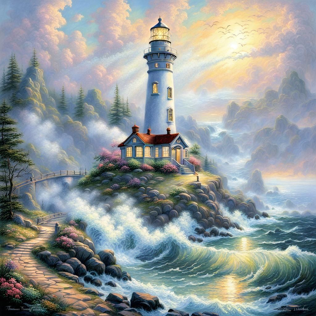 Ethereal Lighthouse Guiding Through Misty Seas