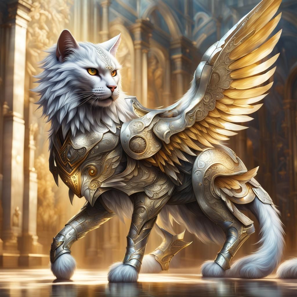 Armored Mystical Cat with Wings: Hyperrealistic Concept Art