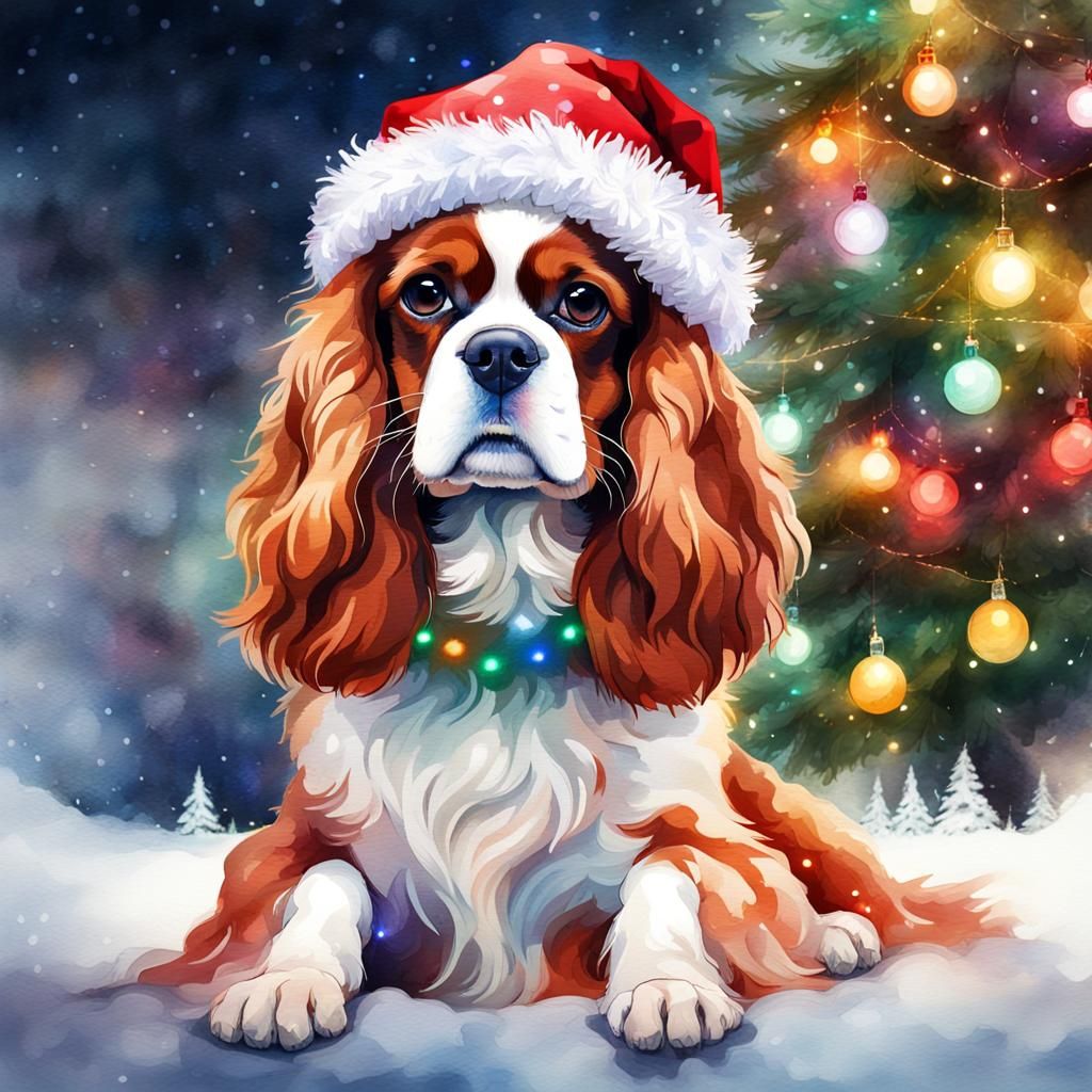 Festive Cavalier King Charles Spaniel Christmas Watercolor
