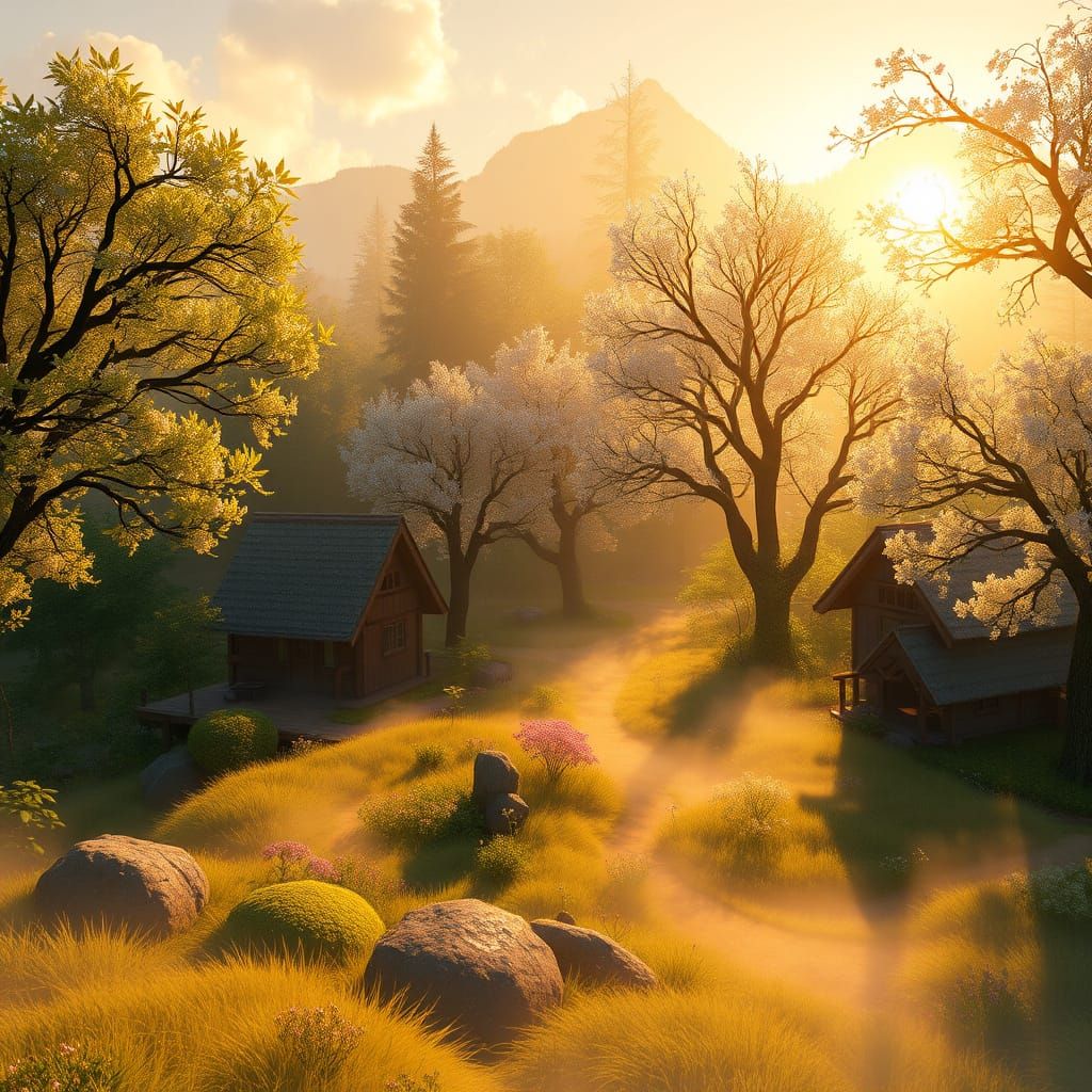 Vibrant Spring Forest Village in Warm Golden Light