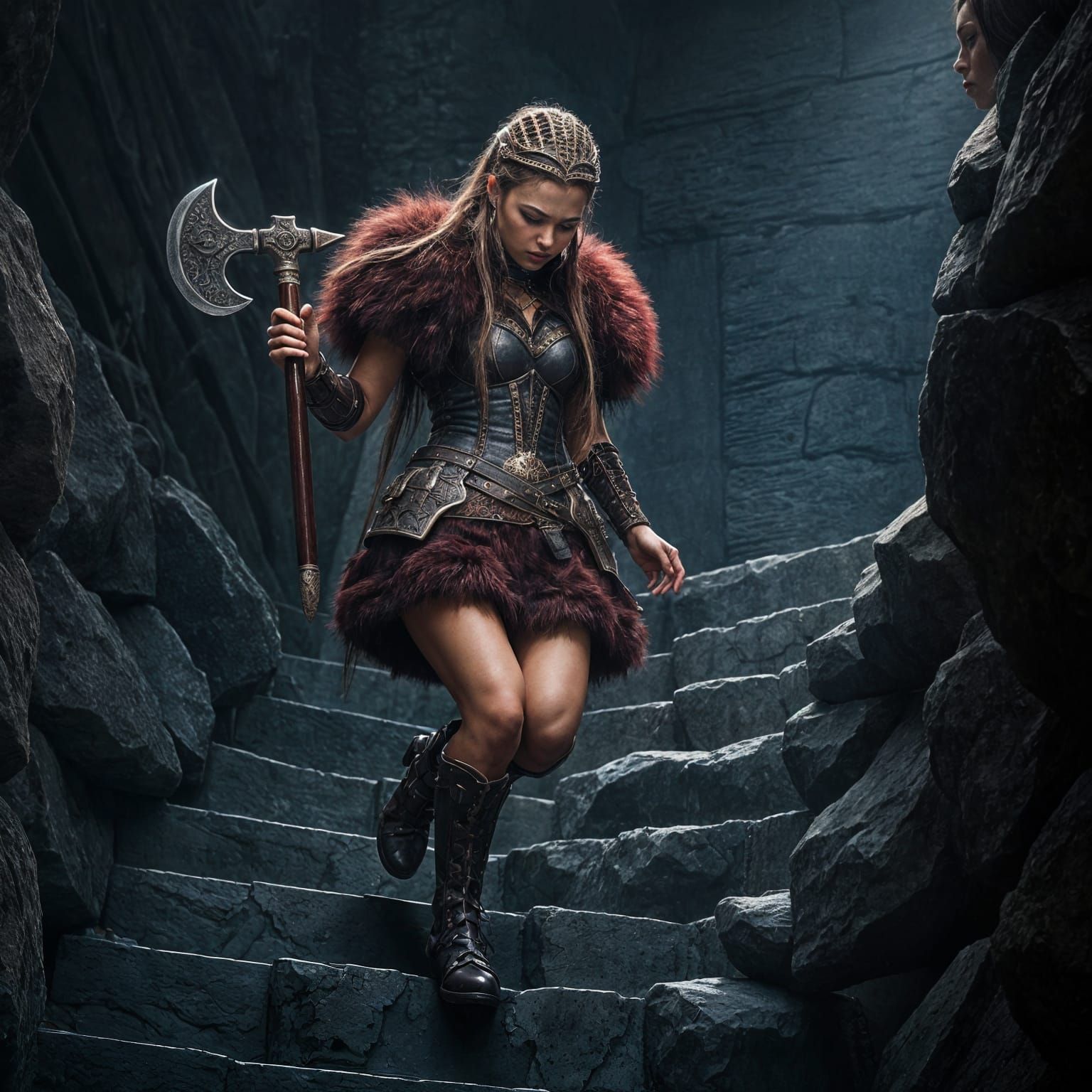 Hyperrealistic Warrior Queen Climbing Rocky Stairs