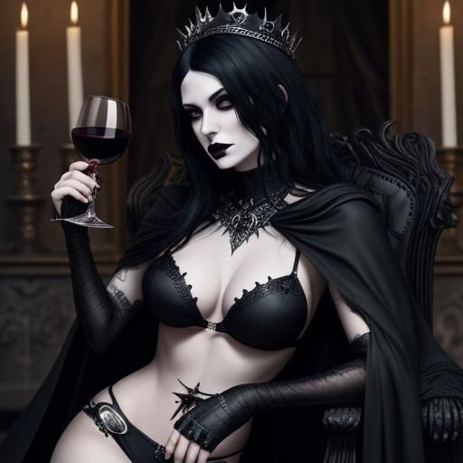 Gothic Woman in Dark Castle with Wine Cup