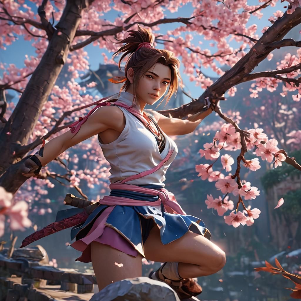 Genderbend Yasuo vibing near a Spirit Blossom tree