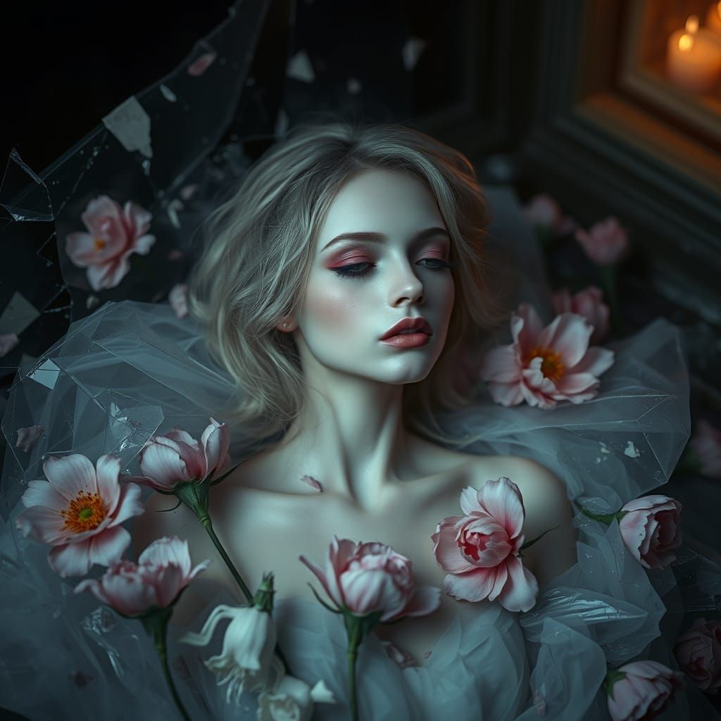 Ethereal Porcelain Woman in Shattered Dreamscape