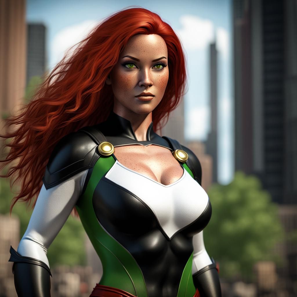 Photorealistic Redhead Superheroine in 3D Unreal Engine