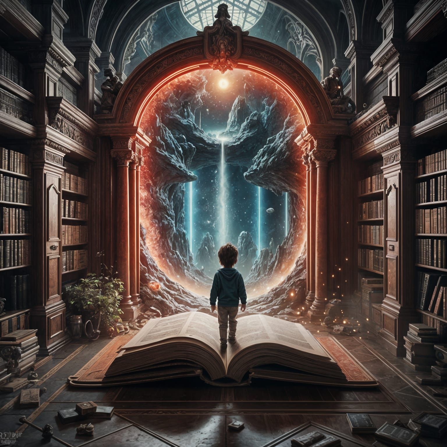 Boy's Cosmic Journey in Victorian Library