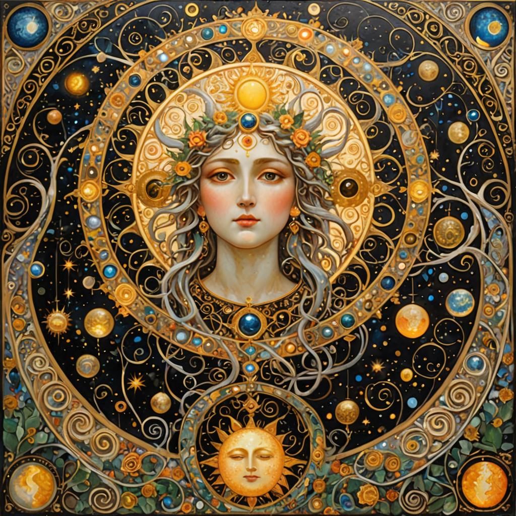 Sun and Moon in Symbolist Art Style