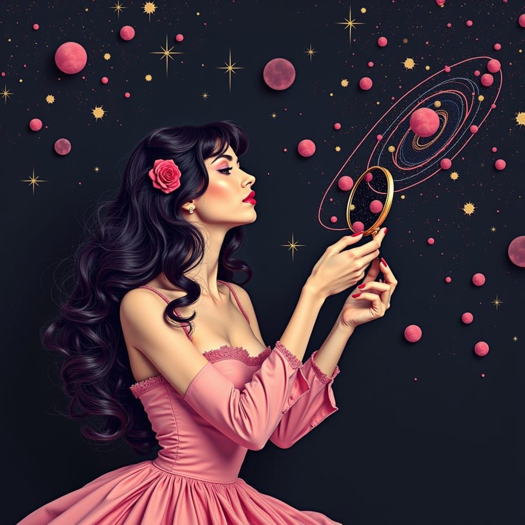 A woman with long dark curls opens a compact mirror and reveals an entire night sky spinning inside — constellations twi...