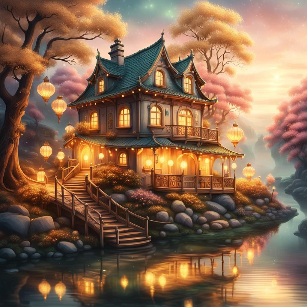 Mystical House by Serene River: Dreamlike Fantasy Illustrati...