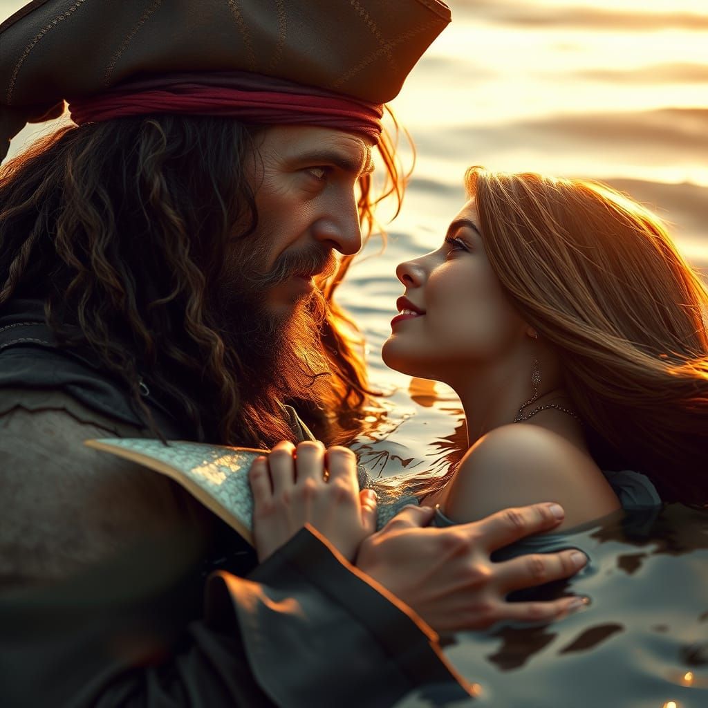 Pirate and Mermaid in Tender Oceanic Embrace
