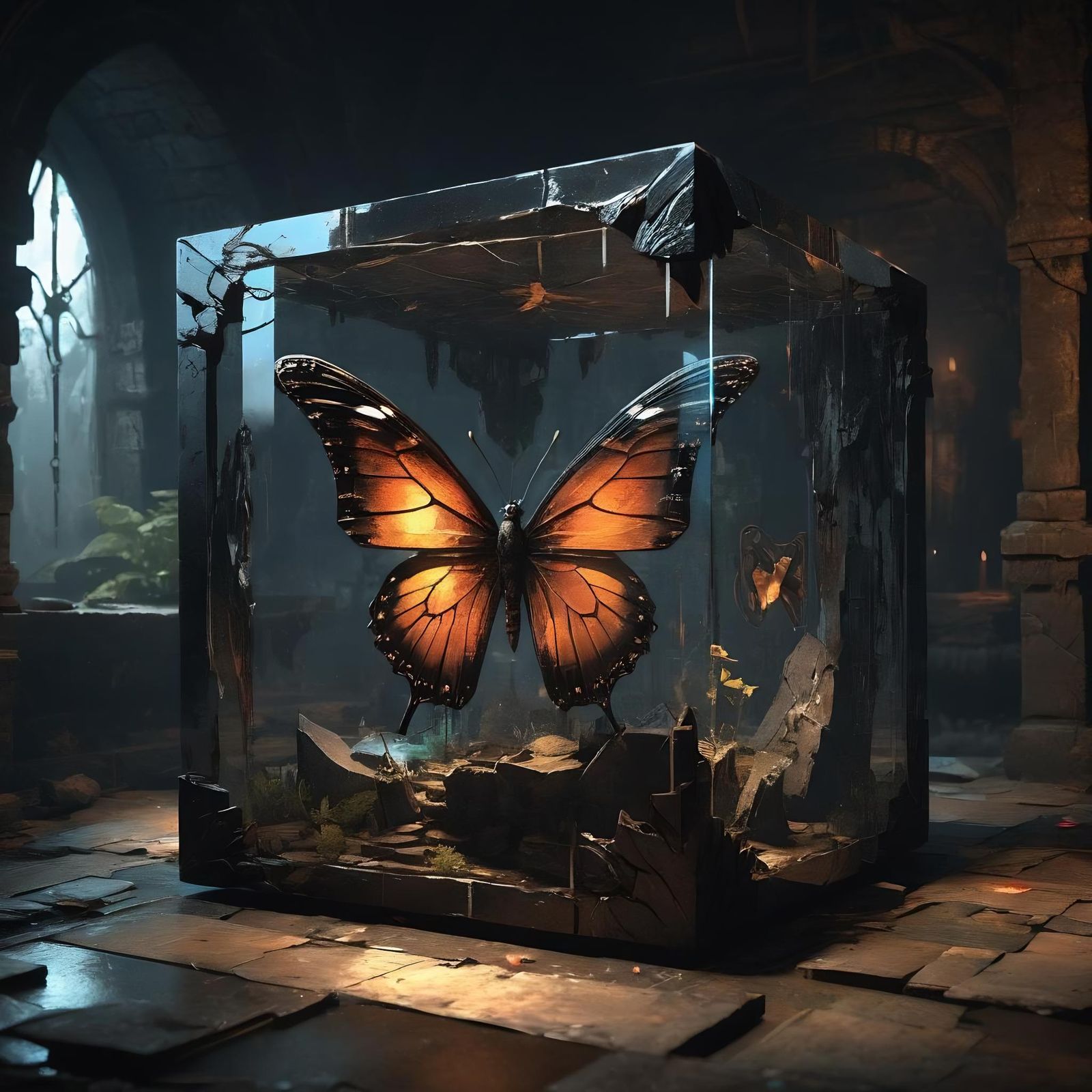 Eerie Cube with Butterfly and Fairy, Dark Digital Art