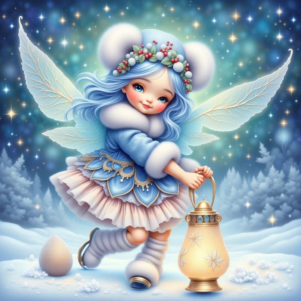 Frost Sprite Ice Skating with Glowing Lantern in Winter