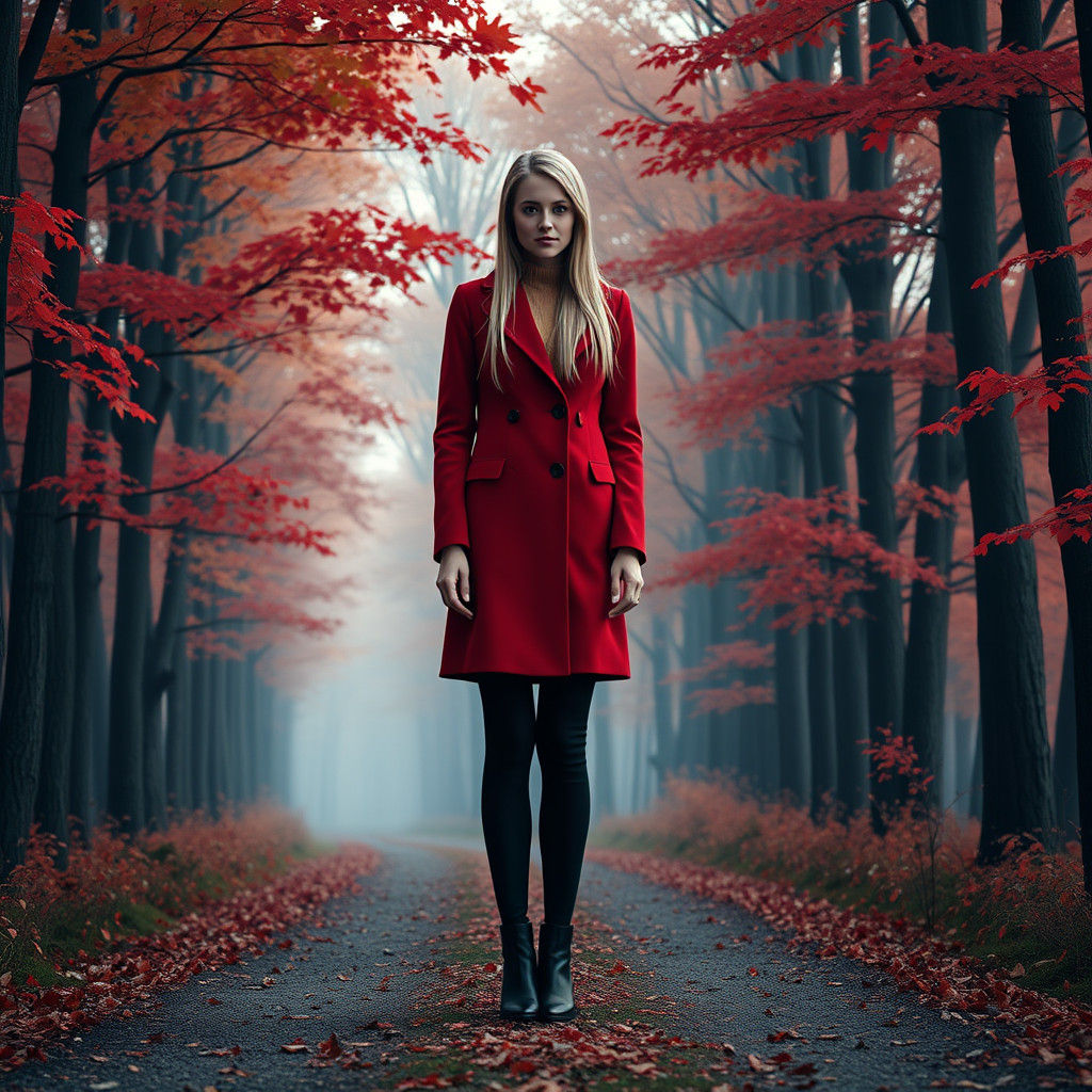 Blonde Beauty Fashion: Red Coat, Black Leggings, and Ankle B...