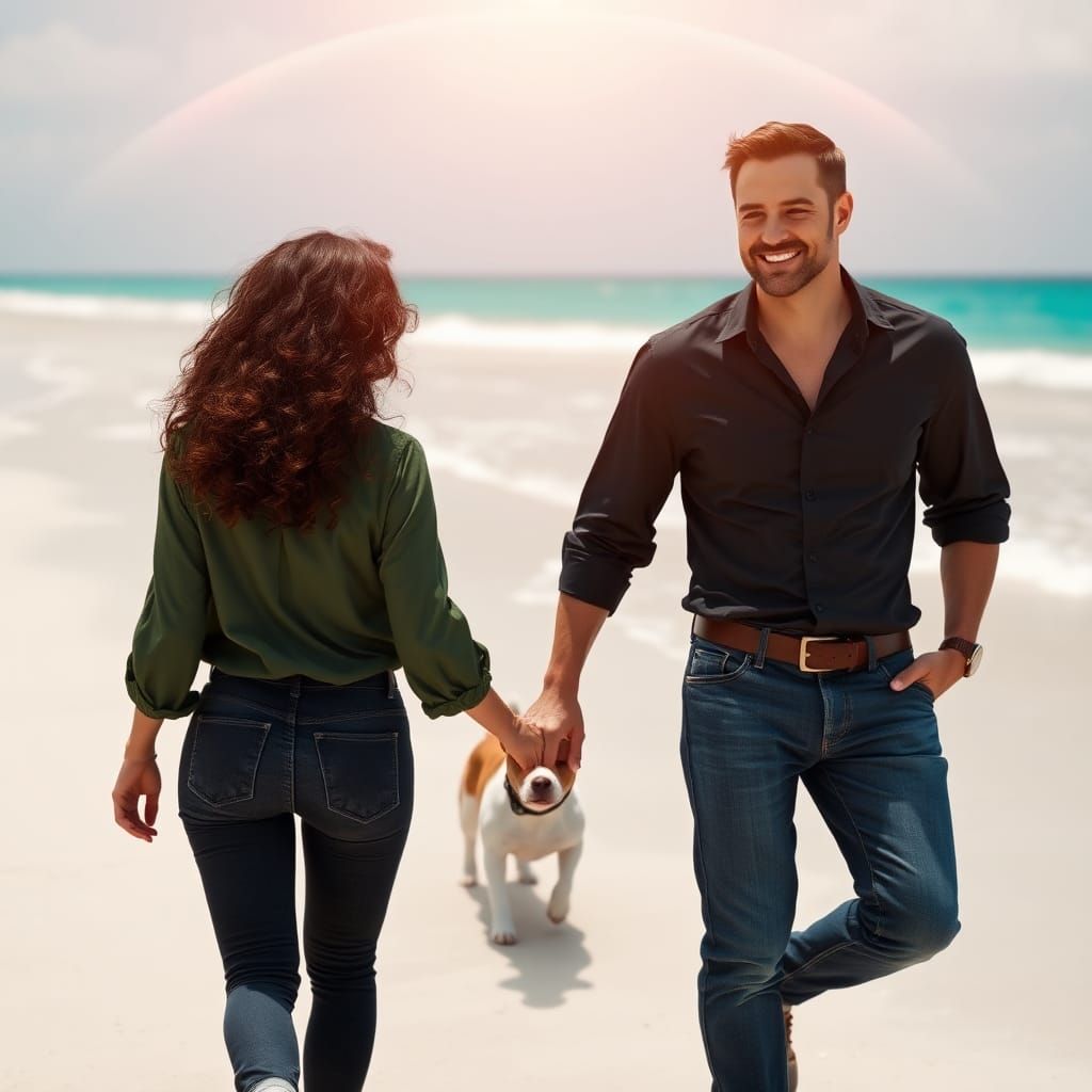 Couple Walking Dog on Beach, Detailed Matte Painting