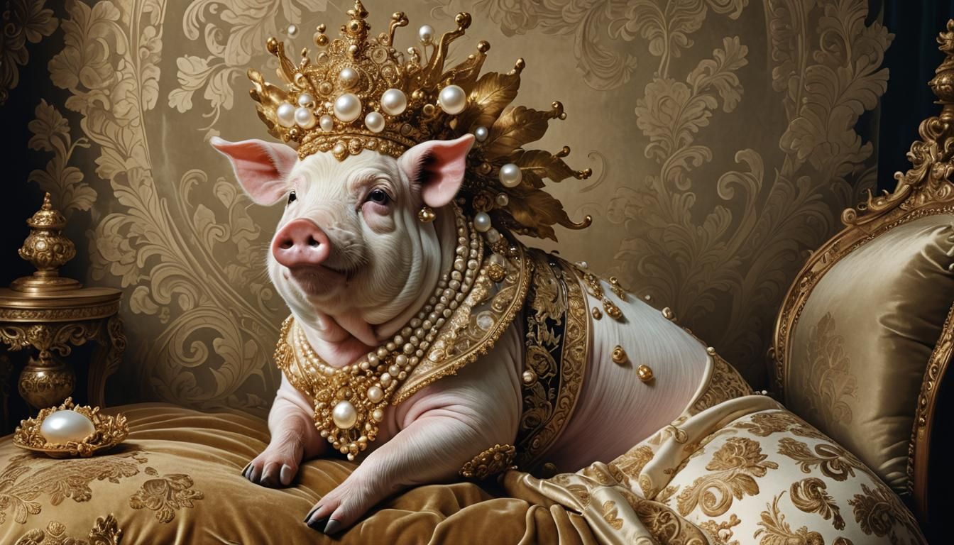Baroque Pig Sniffs Pearl in Opulent Attire