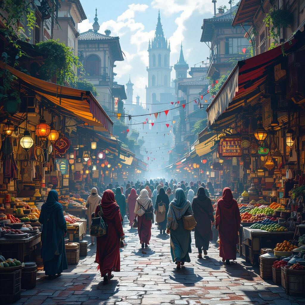 Abstract Humans in Bustling Market, Fantasy Concept Art