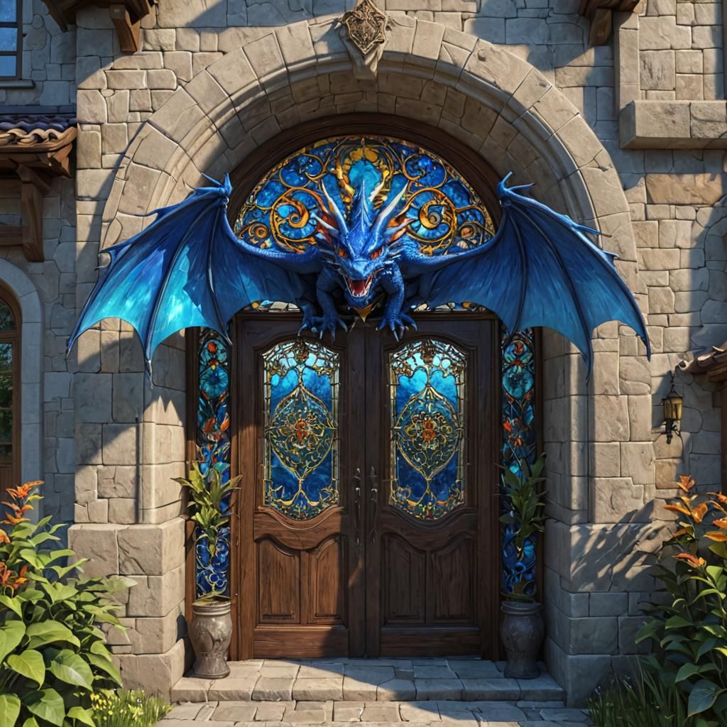 Blue Dragon Stained Glass Archway in Anime Style