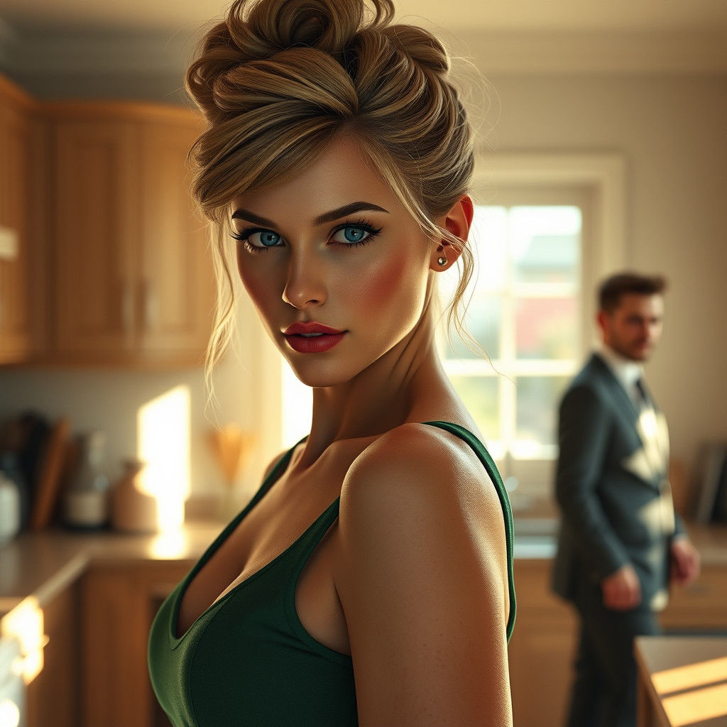 Blonde Woman in Kitchen, Observed: Realistic Digital Art