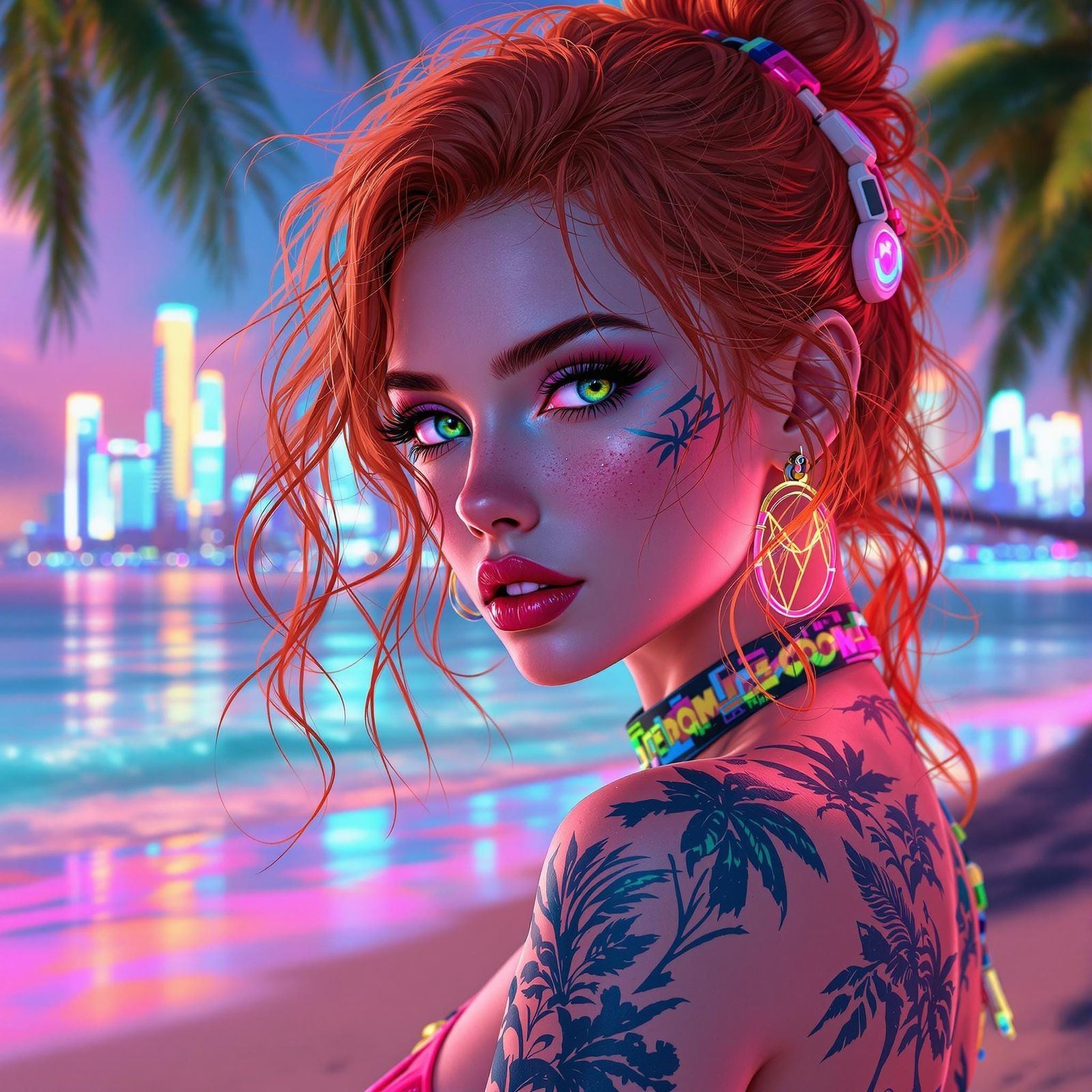 Cyberpunk Ginger Goddess of the Tropical Beach