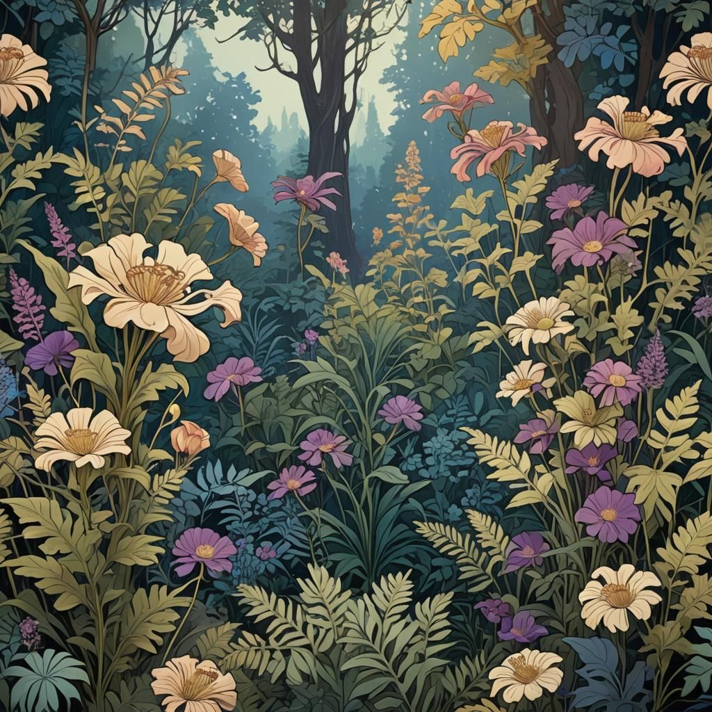 Art Nouveau Botanic Garden in Golden Light