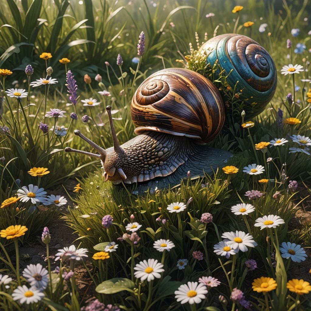 Snail in Sunny Meadow: Detailed Matte Painting