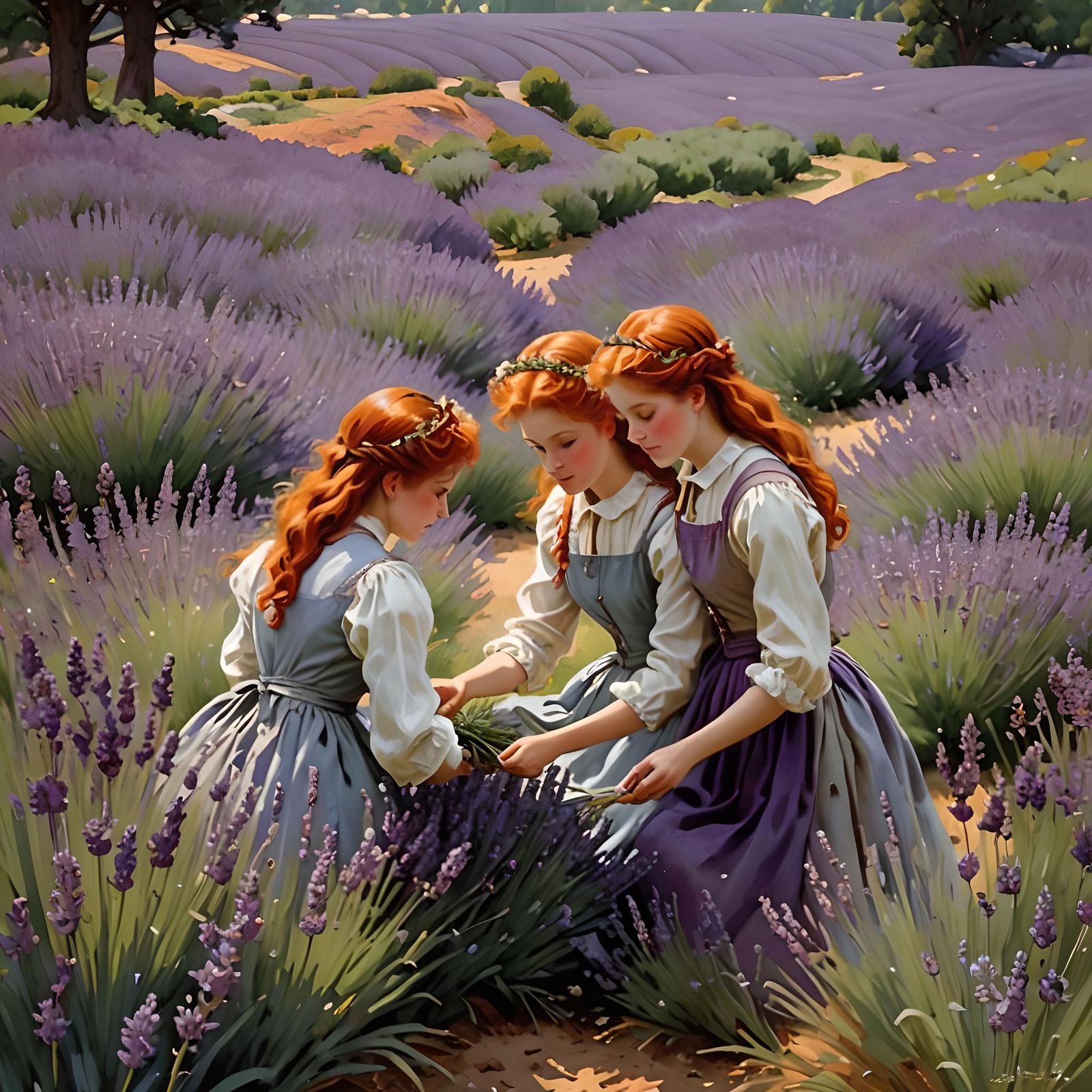 Redheaded Twins Picking Lavender: Artistic Illustration