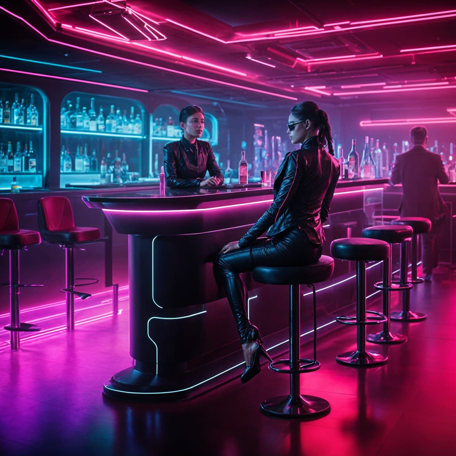 Elegant Woman in Futuristic Bar Lounge