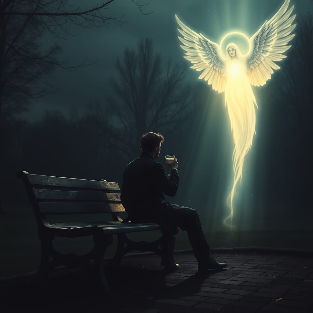Soulful Encounter with Radiant Angel in Eerie Twilight