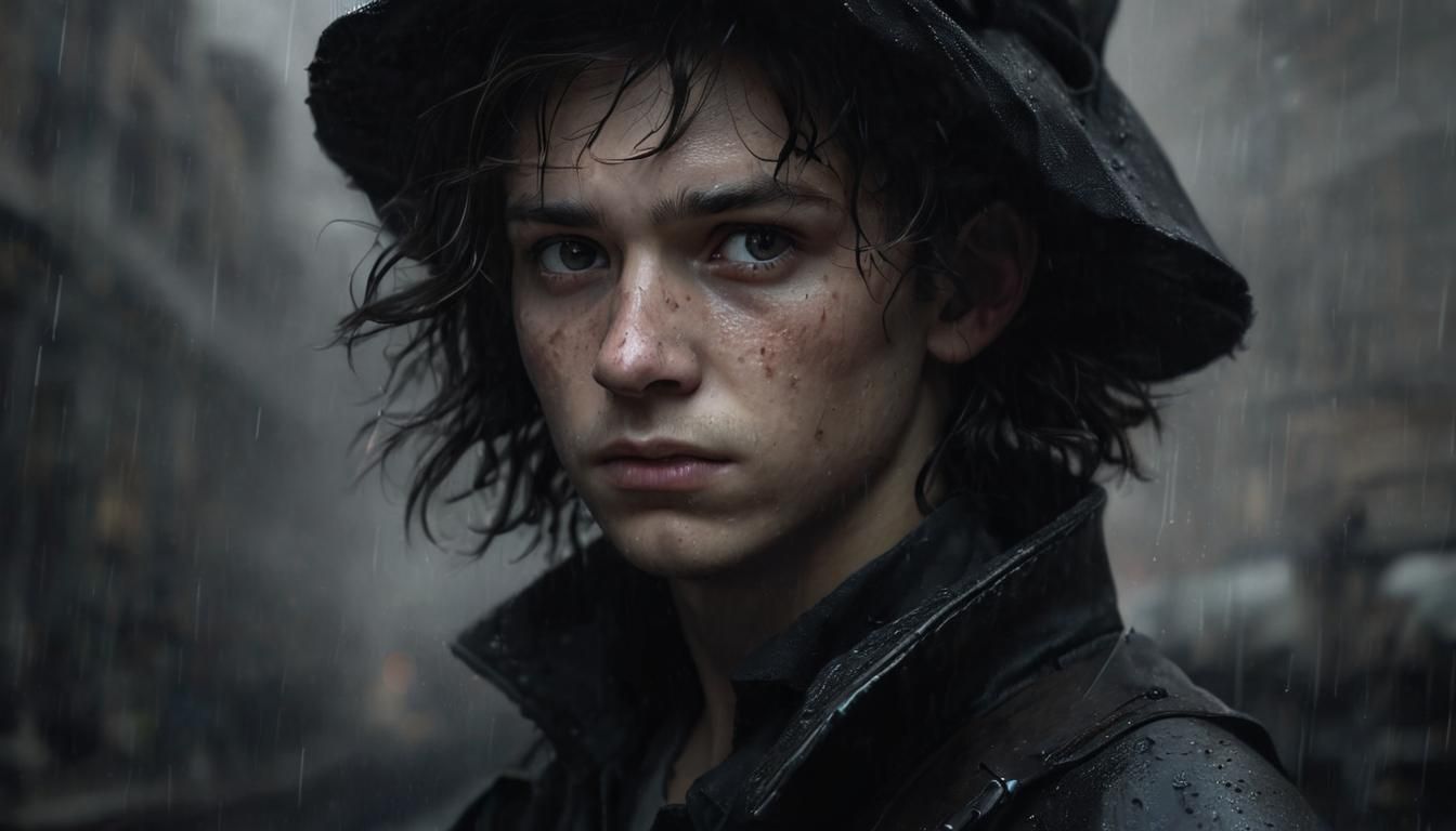 Sorrowful Boy on Rainy Platform: Rembrandt Lighting