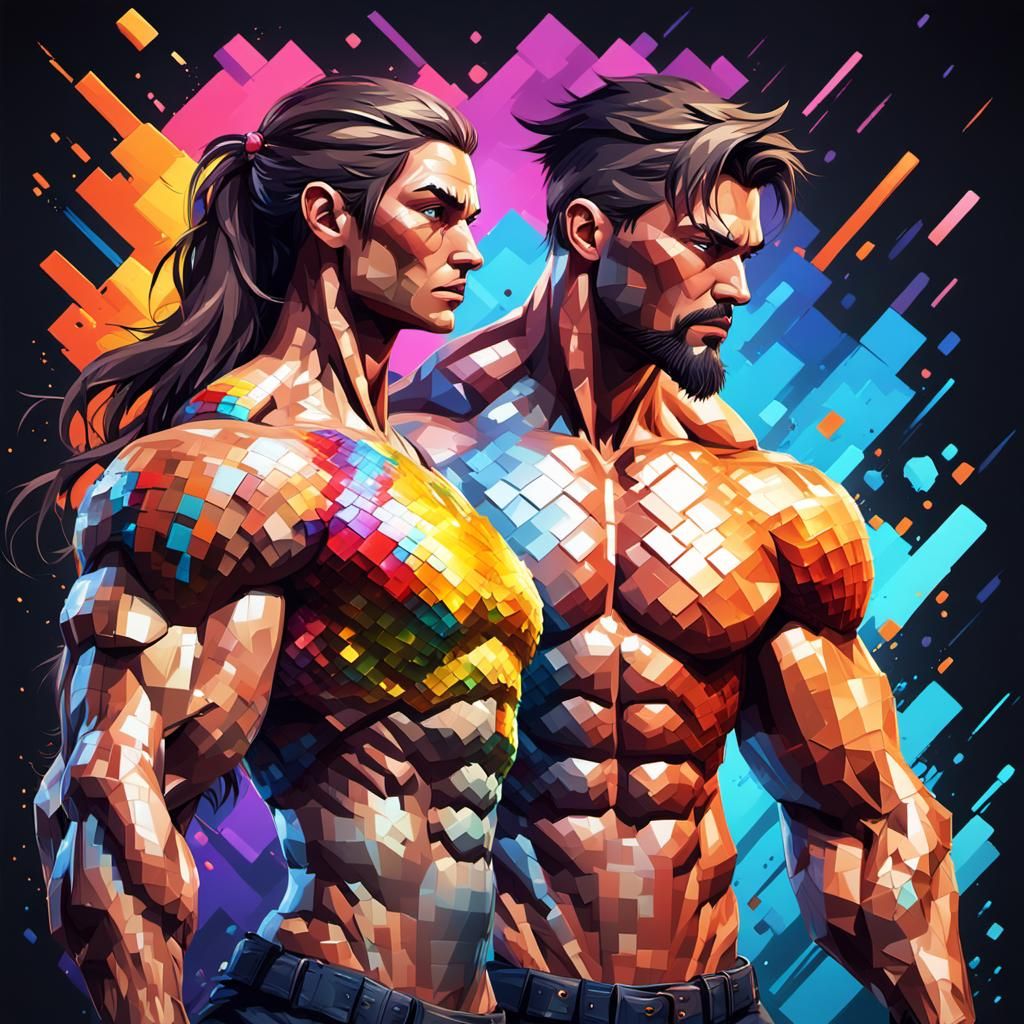 Pixelated Godlike Figure with Muscular Detail