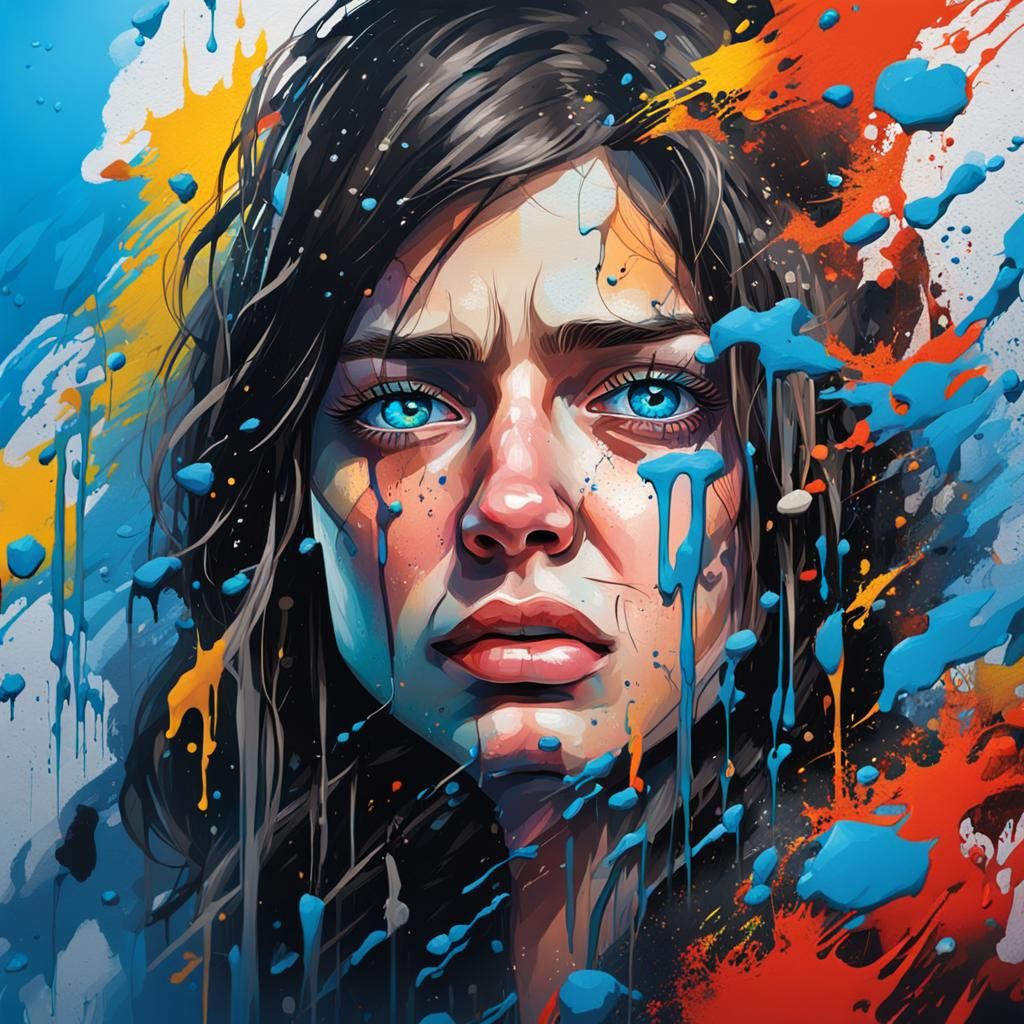 Sad Brunette Woman Crying in Graffiti Art Style