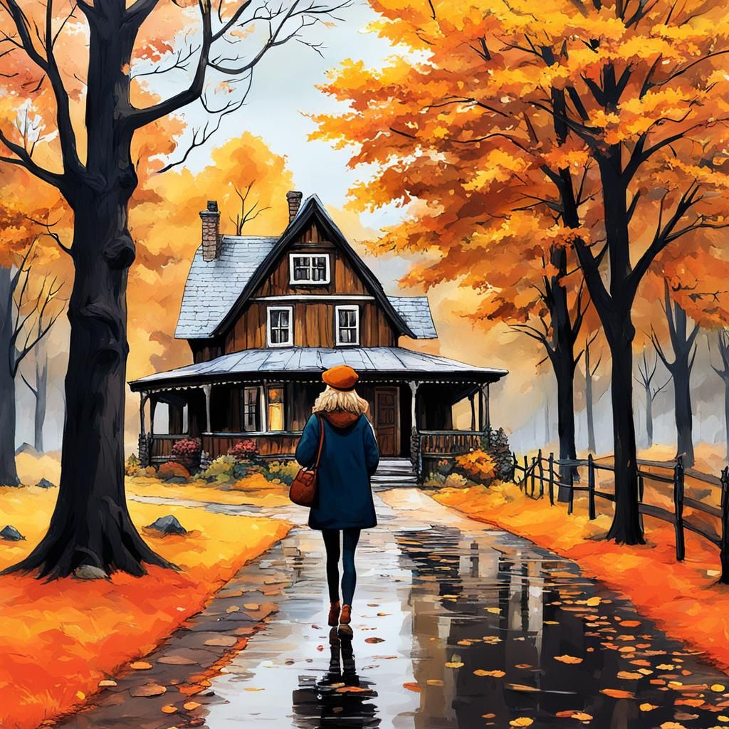 Autumn Village Scene with Church