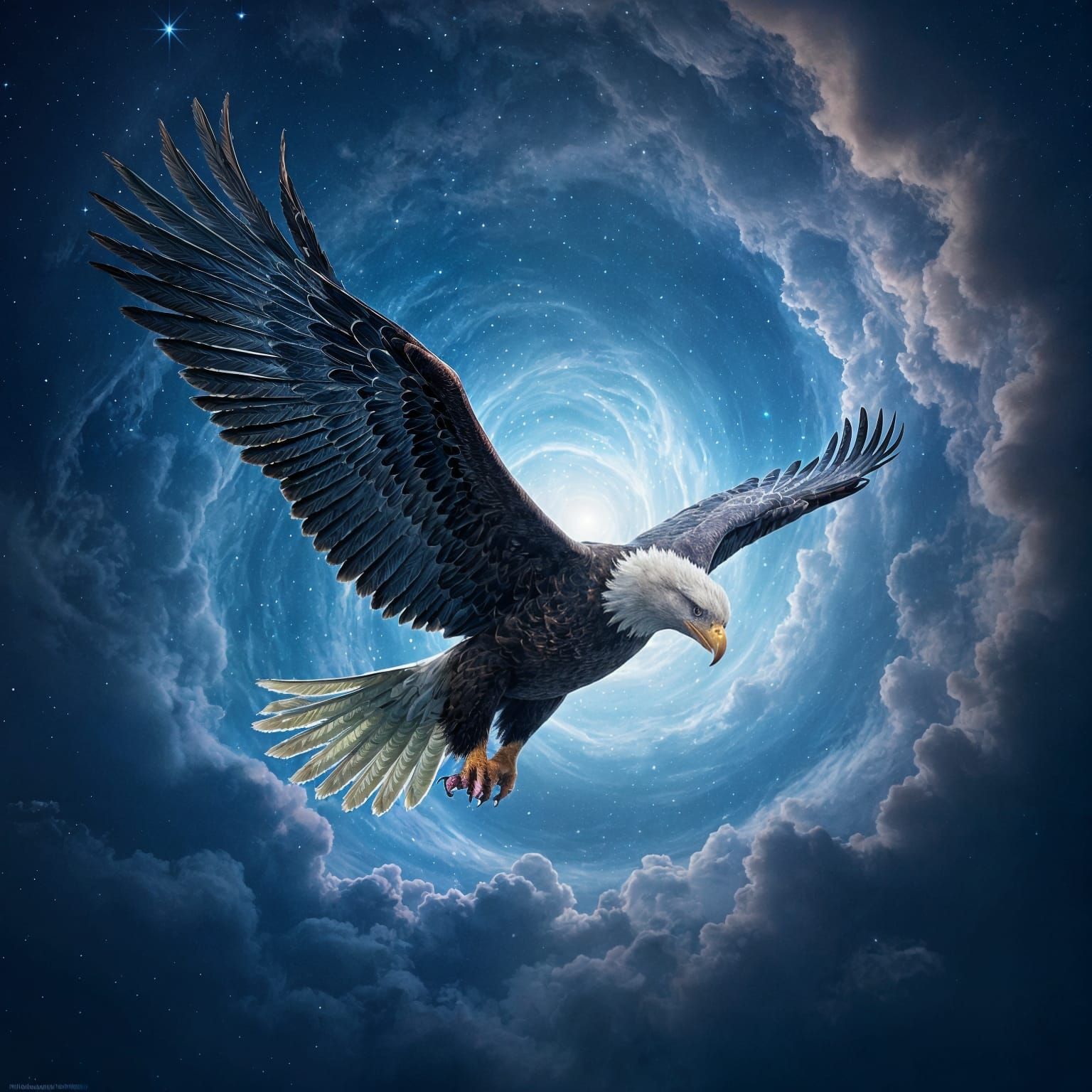 Eagle in Cosmic Dance with Iridescent Feathers
