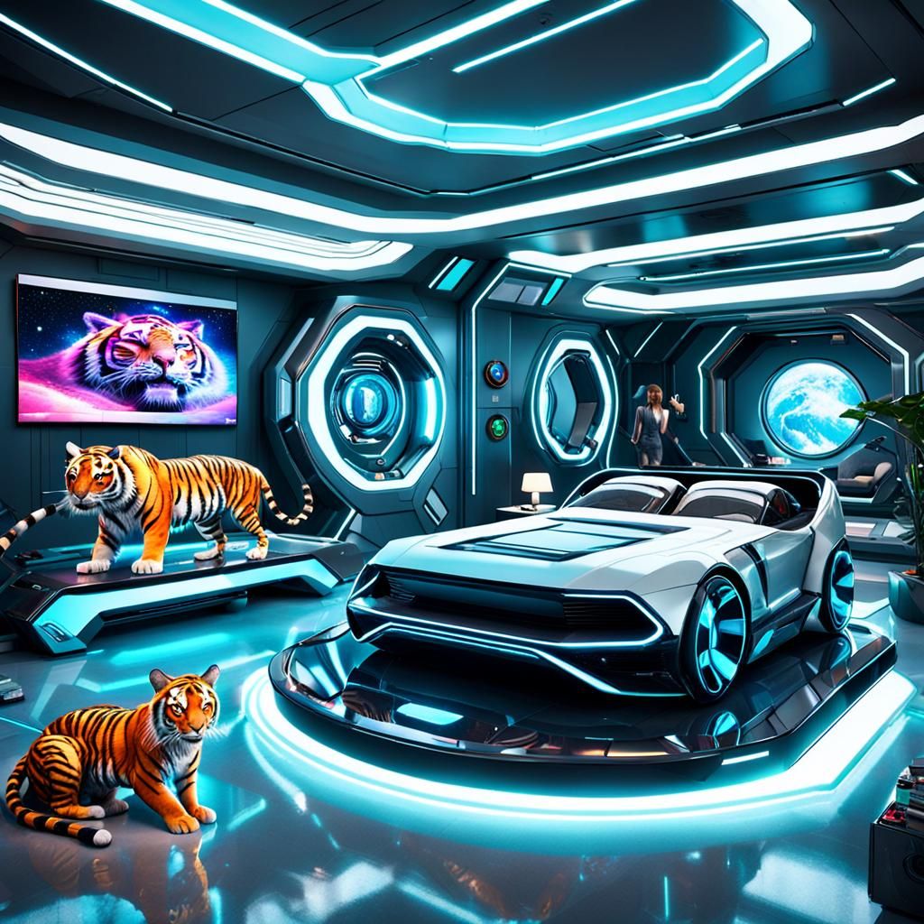 Futuristic Bedroom with Tiger Cats in Biopunk Style