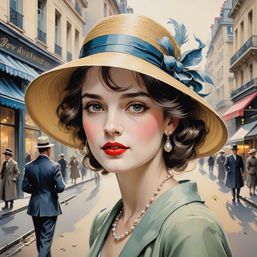 Elegant Woman in 30s Style Gouache Art