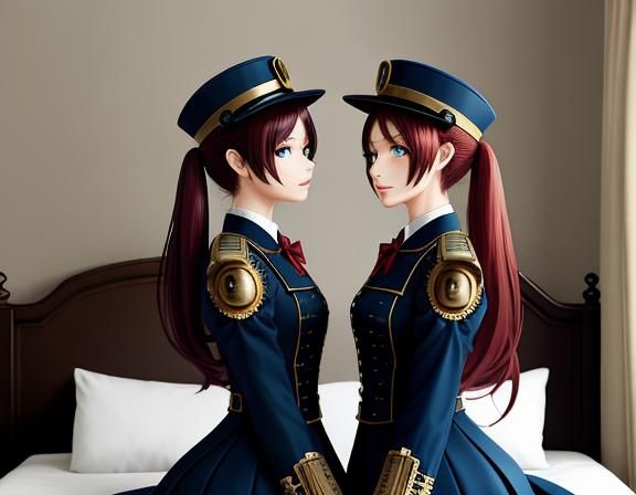Steampunk Anime Twins Kissing in Bedroom