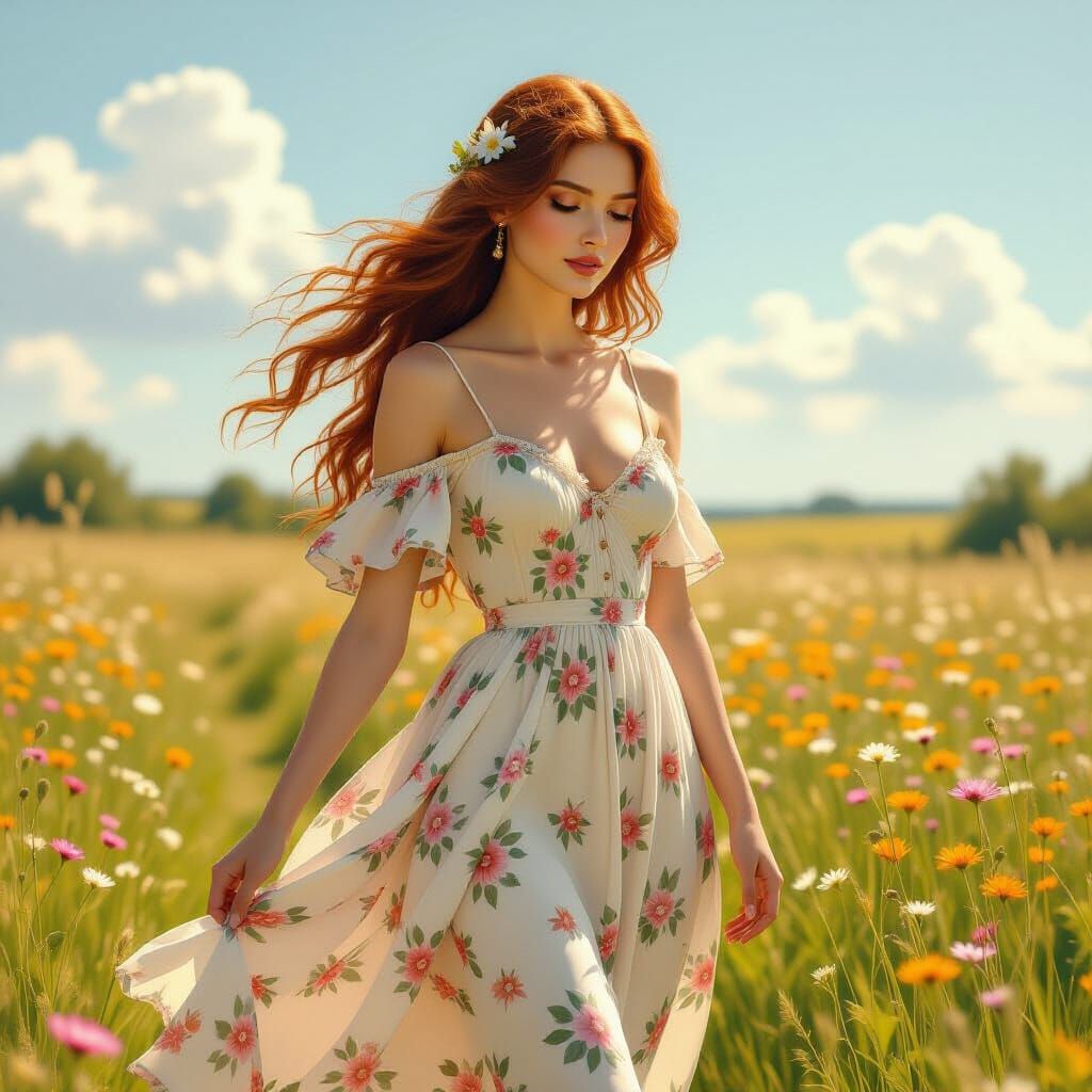 Ethereal Lady in Sun-Drenched Meadow, Pre-Raphaelite Style