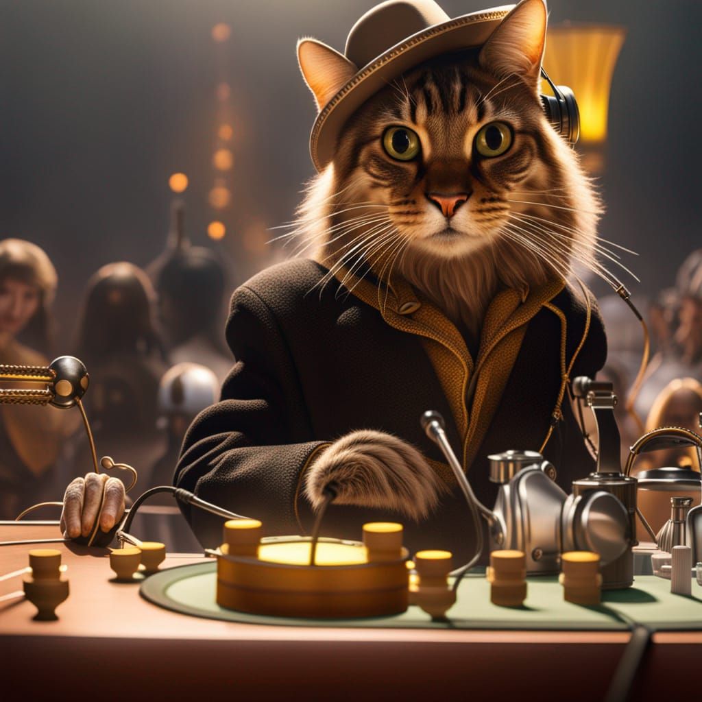 Anthropomorphic Cat DJ Mixing Beats in Hyperrealism