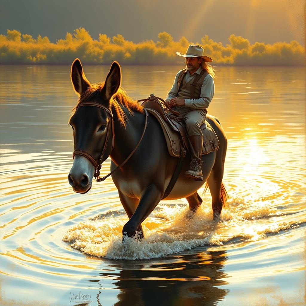 Surreal Donkey Ride Through Sunlit Water