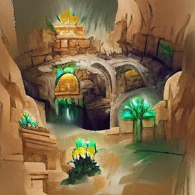 Ancient Underground Cavern Ruined Temple Oasis | Concept Art