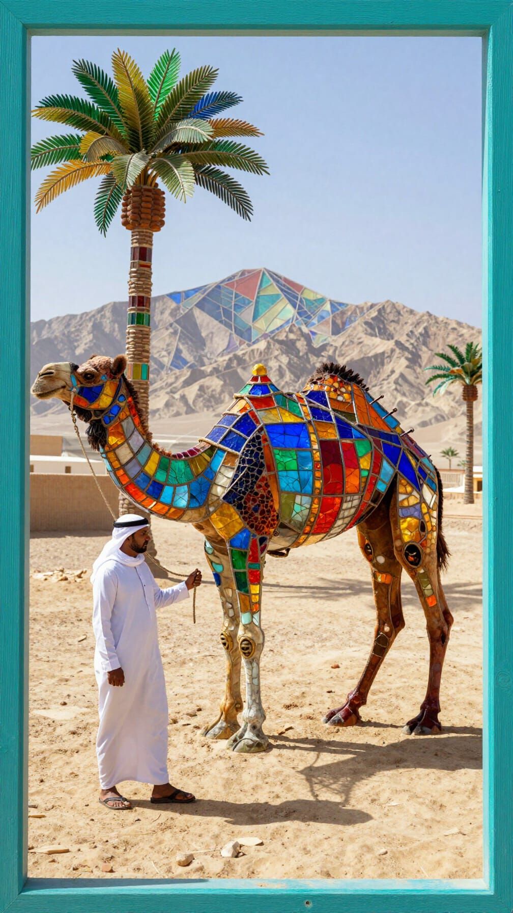 Stained Glass Camel Pulled By Bedouin Man in Desert