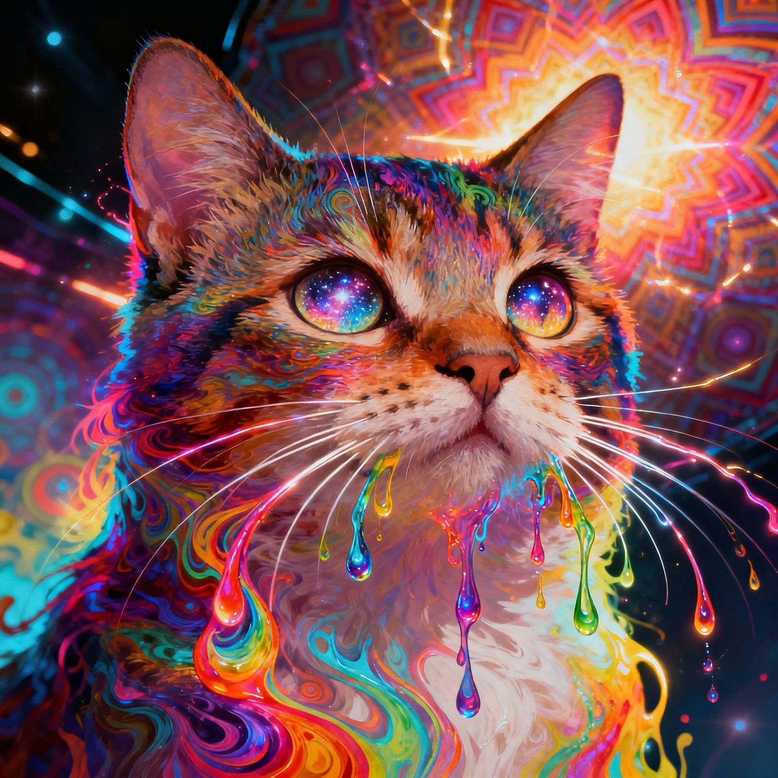 Psychedelic Cat Portrait in Vivid Rainbow Hues