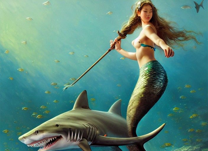 Mermaid Huntress on Shark: Digital Art in 8K