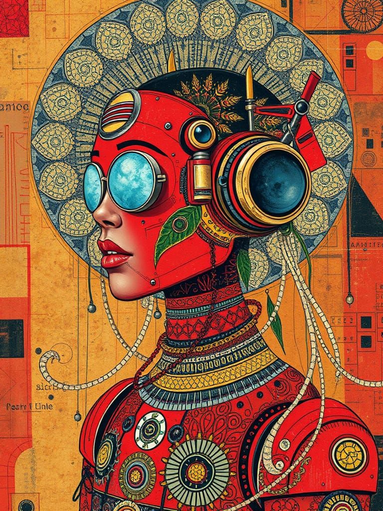 Vibrant Solarpunk Robot in Glitchy Decoupage Style