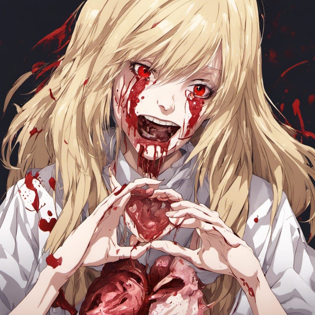Blonde Woman Eating a Human Heart in Anime Style