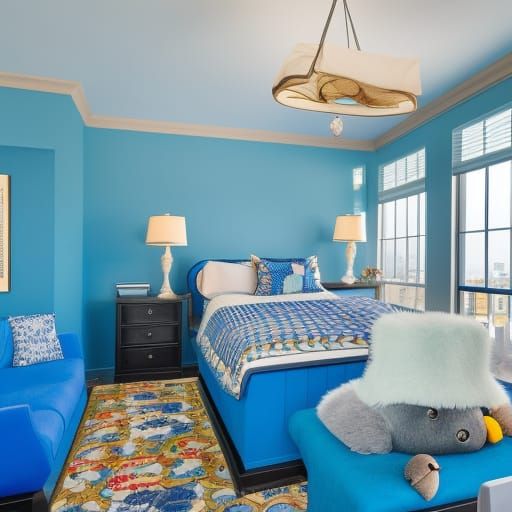 Adam Sandler themed penthouse with blue walls with light blue accents& funny looking windows& funny looking blue furnitu...
