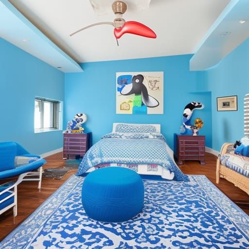 Adam Sandler themed penthouse with blue walls with light blue accents& funny looking windows& funny looking blue furnitu...